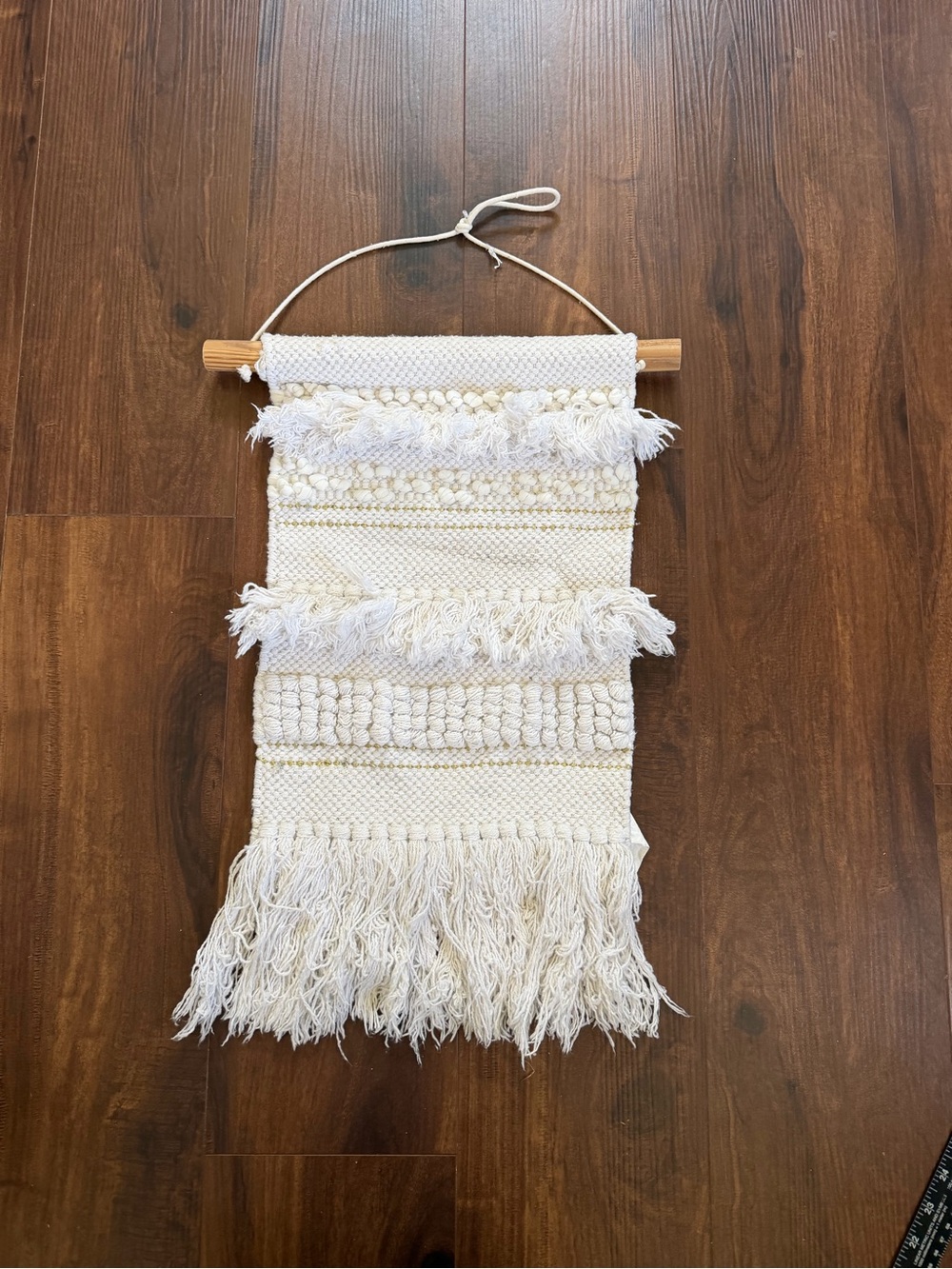 Chunky Woven Wall Hanging Boho Cream & Gold Metallic Fringe Art Shabby Chic